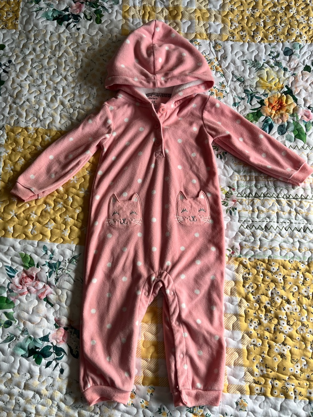 LIKE NEW 💕 Carter's Pink Polka Dot Hooded Fleece Romper w/Cat Pockets 18 months